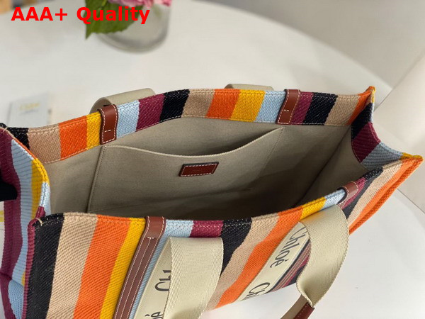 Chloe Large Woody Tote Bag Striped Cotton Canvas and Shiny Calfskin Brown Multicolour Replica