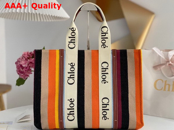 Chloe Large Woody Tote Bag Striped Cotton Canvas and Shiny Calfskin Brown Multicolour Replica