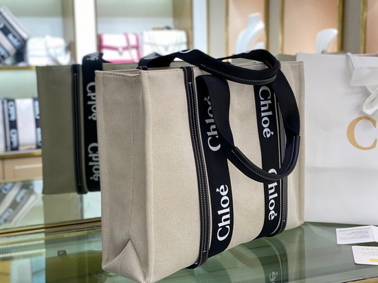 Chloe Large Woody Tote Bag in Cotton Canvas and Shiny Calfskin with Woody Ribbon Black and Blue Replica