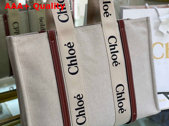 Chloe Large Woody Tote Bag in Cotton Canvas and Shiny Calfskin with Woody Ribbon White and Brown Replica