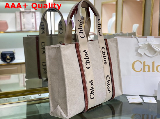 Chloe Large Woody Tote Bag in Cotton Canvas and Shiny Calfskin with Woody Ribbon White and Brown Replica