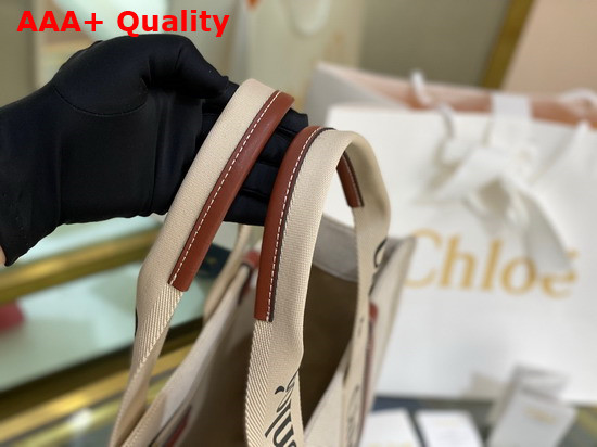 Chloe Large Woody Tote Bag in Cotton Canvas and Shiny Calfskin with Woody Ribbon White and Brown Replica