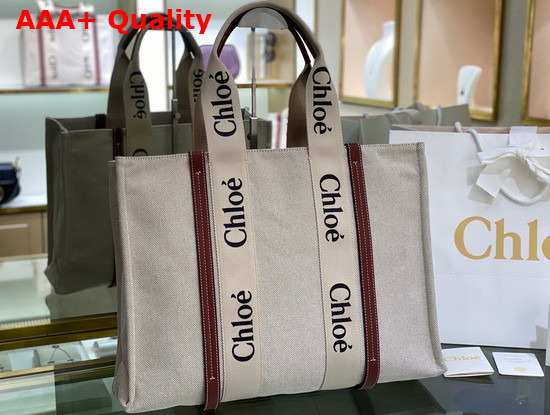 Chloe Large Woody Tote Bag in Cotton Canvas and Shiny Calfskin with Woody Ribbon White and Brown Replica