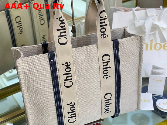 Chloe Large Woody Tote Bag in Cotton Canvas and Shiny Calfskin with Woody Ribbon White and Full Blue Replica