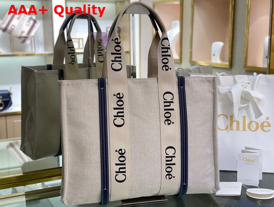 Chloe Large Woody Tote Bag in Cotton Canvas and Shiny Calfskin with Woody Ribbon White and Full Blue Replica