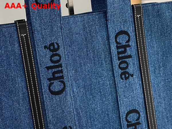 Chloe Large Woody Tote Bag in Deadstock Denim and Shiny Calfskin with Chloe Logo Embroidery Replica