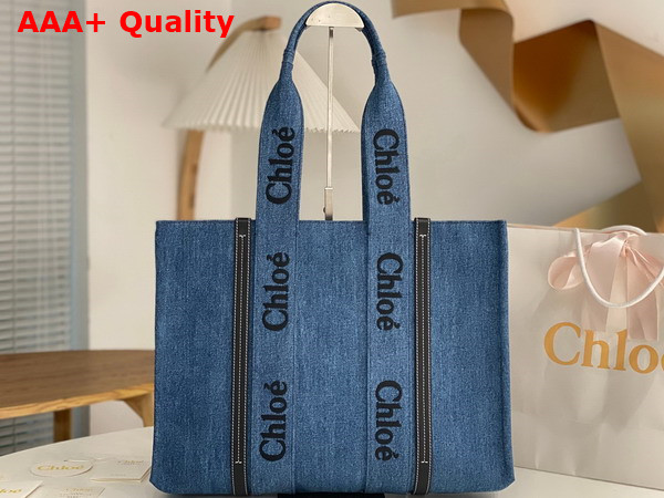 Chloe Large Woody Tote Bag in Deadstock Denim and Shiny Calfskin with Chloe Logo Embroidery Replica