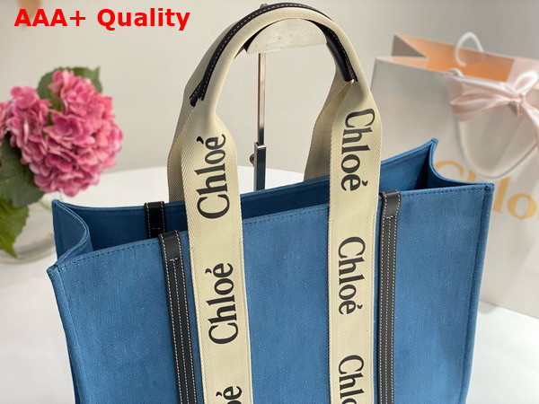 Chloe Large Woody Tote Bag in Light Blue Denim and Black Shiny Calfskin with Woody Ribbon Replica