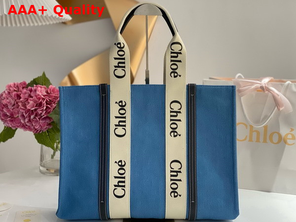 Chloe Large Woody Tote Bag in Light Blue Denim and Black Shiny Calfskin with Woody Ribbon Replica