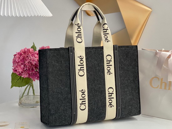 Chloe Large Woody Tote Bag in Recycled Felt and Shiny Calfskin with Woody Ribbon Cashmere Grey Replica