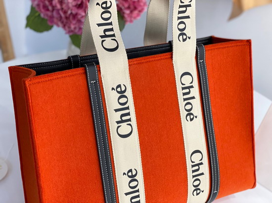 Chloe Large Woody Tote Bag in Recycled Felt and Shiny Calfskin with Woody Ribbon Flame Orange Replica