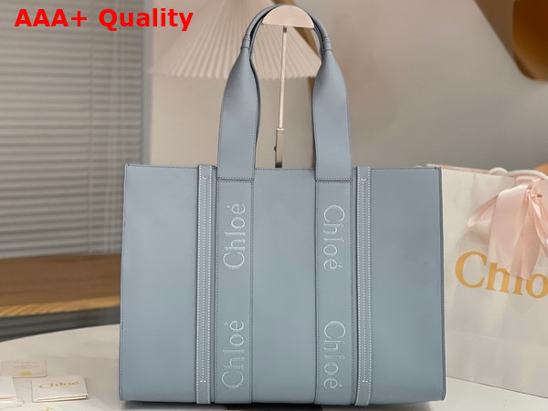 Chloe Large Woody Tote Bag in Storm Blue Smooth Calfskin with Chloe Logo Replica