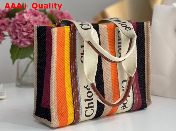 Chloe Medium Tote Bag Striped Cotton Canvas and Shiny Calfskin Brown Multicolour Replica