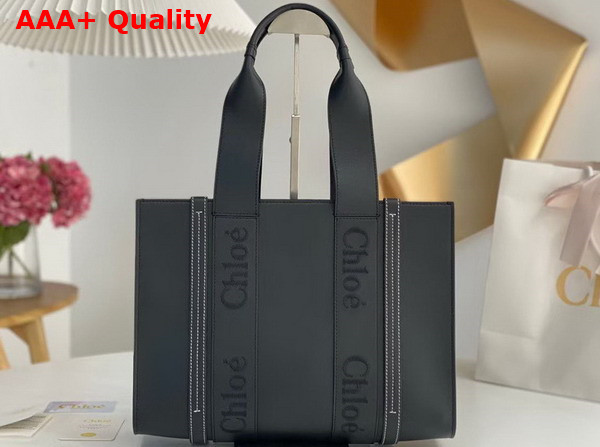 Chloe Medium Woody Tote Bag Black Smooth Calfskin with Chloe Logo Replica