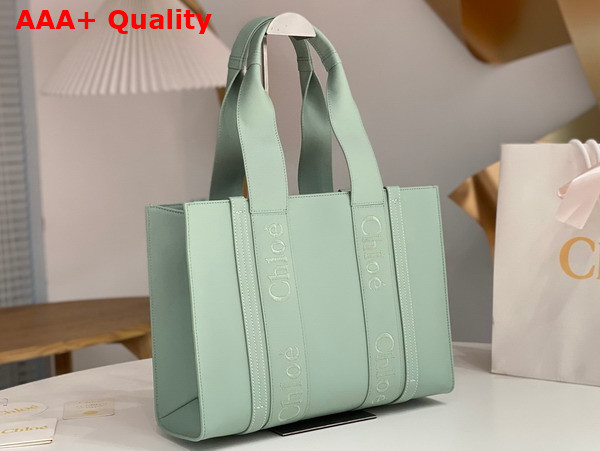 Chloe Medium Woody Tote Bag in Bay Green Smooth Calfskin with Chloe Logo Replica