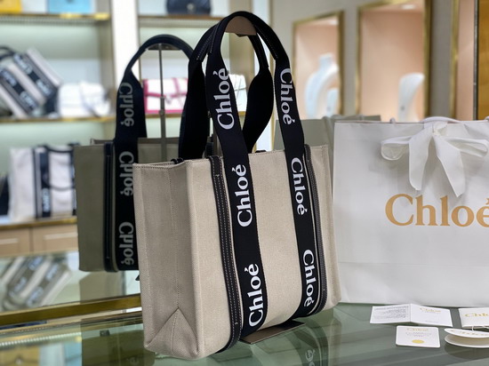 Chloe Medium Woody Tote Bag in Cotton Canvas and Shiny Calfskin with Woody Ribbon Black and Blue Replica