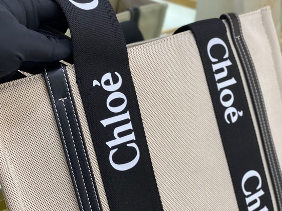 Chloe Medium Woody Tote Bag in Cotton Canvas and Shiny Calfskin with Woody Ribbon Black and Blue Replica