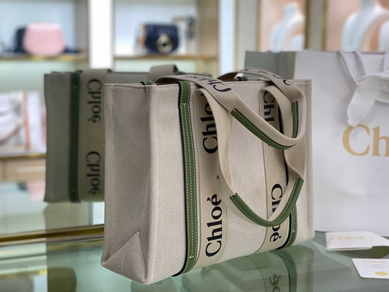 Chloe Medium Woody Tote Bag in Cotton Canvas and Shiny Calfskin with Woody Ribbon Jade Green Replica