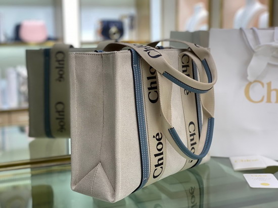 Chloe Medium Woody Tote Bag in Cotton Canvas and Shiny Calfskin with Woody Ribbon Light Blue Replica