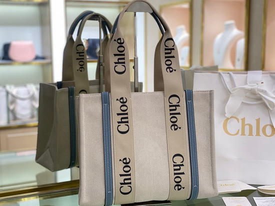 Chloe Medium Woody Tote Bag in Cotton Canvas and Shiny Calfskin with Woody Ribbon Light Blue Replica