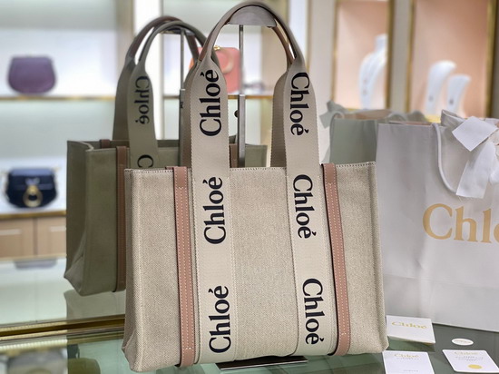 Chloe Medium Woody Tote Bag in Cotton Canvas and Shiny Calfskin with Woody Ribbon Soft Tan Replica