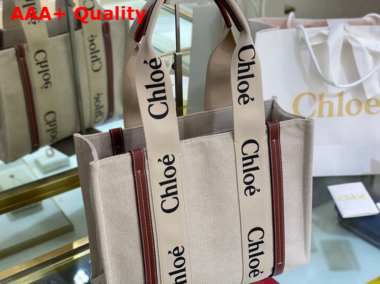 Chloe Medium Woody Tote Bag in Cotton Canvas and Shiny Calfskin with Woody Ribbon White and Brown Replica