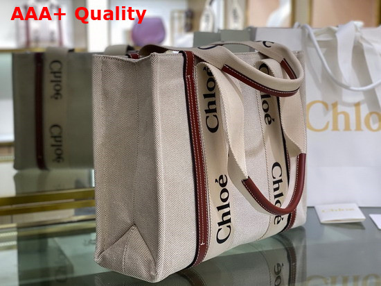 Chloe Medium Woody Tote Bag in Cotton Canvas and Shiny Calfskin with Woody Ribbon White and Brown Replica