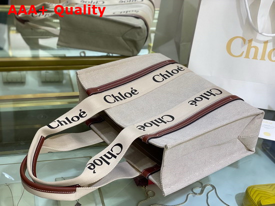 Chloe Medium Woody Tote Bag in Cotton Canvas and Shiny Calfskin with Woody Ribbon White and Brown Replica