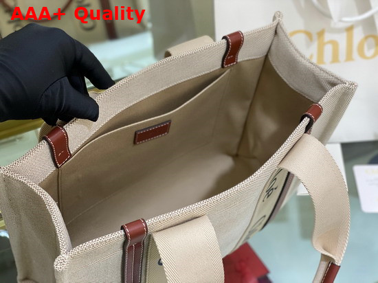 Chloe Medium Woody Tote Bag in Cotton Canvas and Shiny Calfskin with Woody Ribbon White and Brown Replica