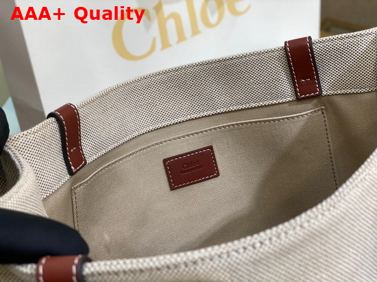 Chloe Medium Woody Tote Bag in Cotton Canvas and Shiny Calfskin with Woody Ribbon White and Brown Replica