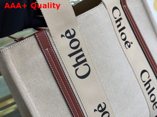 Chloe Medium Woody Tote Bag in Cotton Canvas and Shiny Calfskin with Woody Ribbon White and Brown Replica