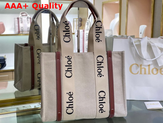 Chloe Medium Woody Tote Bag in Cotton Canvas and Shiny Calfskin with Woody Ribbon White and Brown Replica