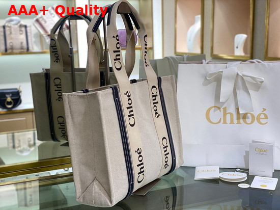 Chloe Medium Woody Tote Bag in Cotton Canvas and Shiny Calfskin with Woody Ribbon White and Full Blue Replica