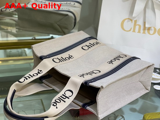 Chloe Medium Woody Tote Bag in Cotton Canvas and Shiny Calfskin with Woody Ribbon White and Full Blue Replica