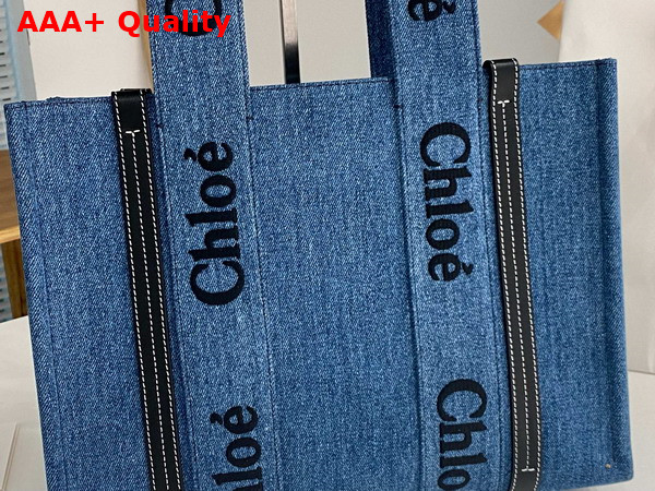 Chloe Medium Woody Tote Bag in Deadstock Denim and Shiny Calfskin with Chloe Logo Embroidery Replica