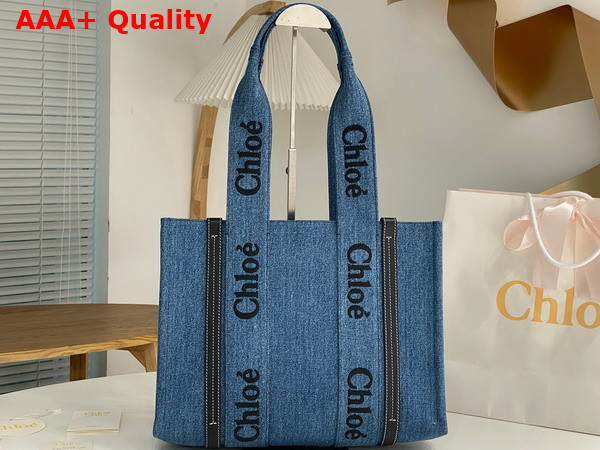 Chloe Medium Woody Tote Bag in Deadstock Denim and Shiny Calfskin with Chloe Logo Embroidery Replica