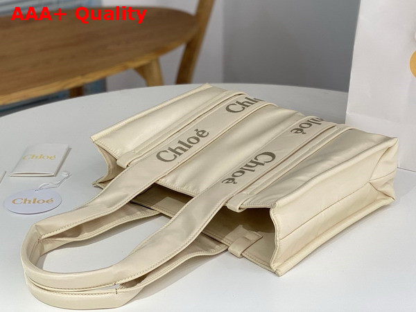 Chloe Medium Woody Tote Bag in Dusty Ivory Recycled Nylon with Chloe Logo Replica