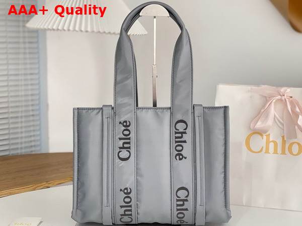 Chloe Medium Woody Tote Bag in Elephant Grey Recycled Nylon with Chloe Logo Replica