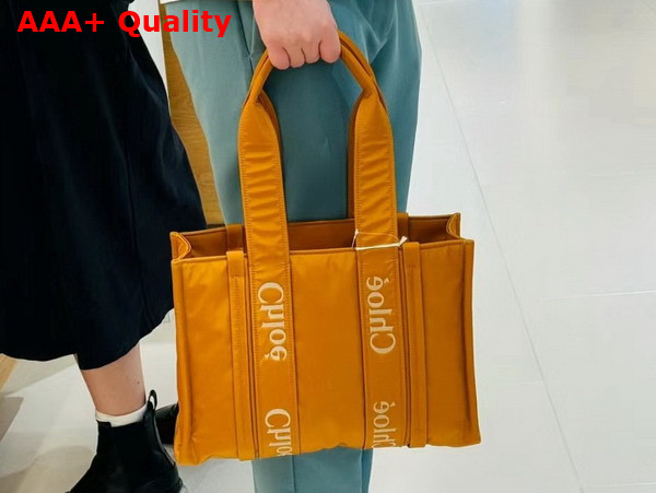 Chloe Medium Woody Tote Bag in Golden Yellow Recycled Nylon with Chloe Logo Replica