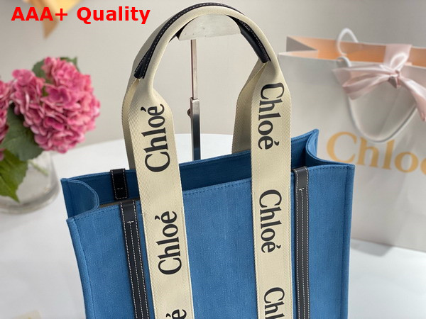 Chloe Medium Woody Tote Bag in Light Blue Denim and Black Shiny Calfskin with Woody Ribbon Replica