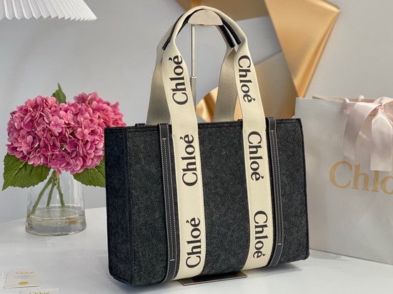 Chloe Medium Woody Tote Bag in Recycled Felt and Shiny Calfskin with Woody Ribbon Cashmere Grey Replica