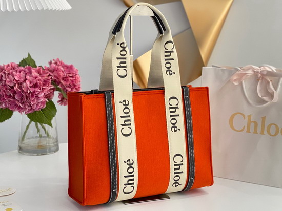 Chloe Medium Woody Tote Bag in Recycled Felt and Shiny Calfskin with Woody Ribbon Flame Orange Replica