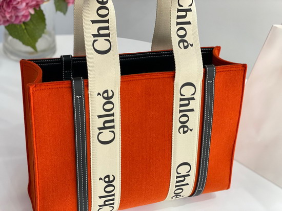 Chloe Medium Woody Tote Bag in Recycled Felt and Shiny Calfskin with Woody Ribbon Flame Orange Replica