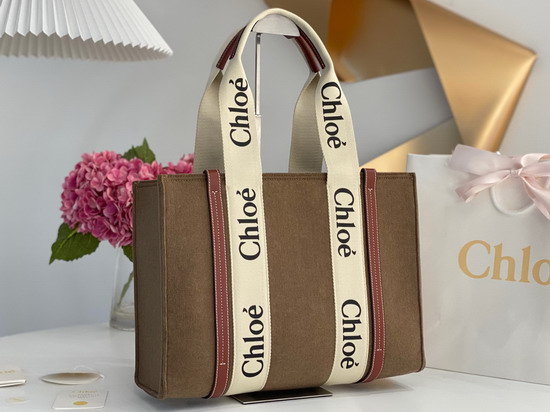 Chloe Medium Woody Tote Bag in Recycled Felt and Shiny Calfskin with Woody Ribbon Light Brown Replica