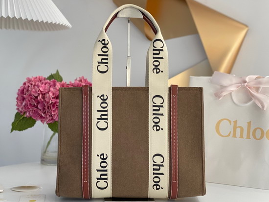 Chloe Medium Woody Tote Bag in Recycled Felt and Shiny Calfskin with Woody Ribbon Light Brown Replica