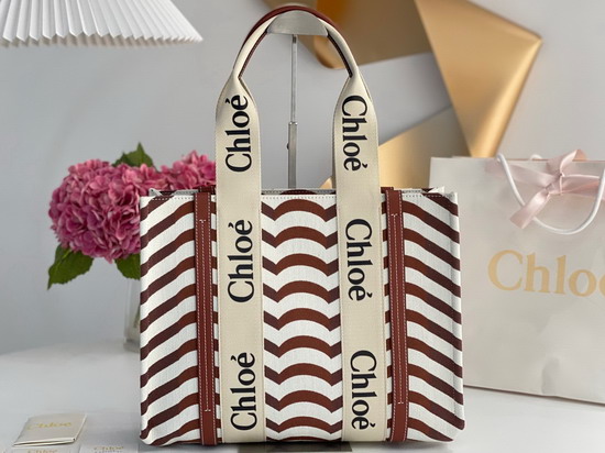 Chloe Medium Woody tote Bag in Cotton Jacquard and Shiny Calfskin with Woody Ribbon Sepia Brown Replica