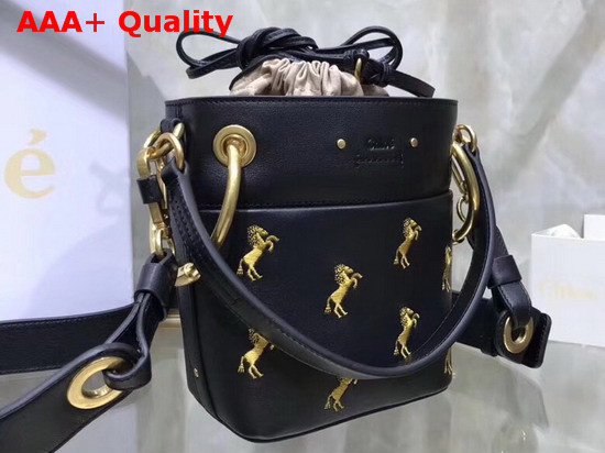 Chloe Mini Roy Bucket Bag in Black Smooth Calfskin with Little Horses Embroidery Replica