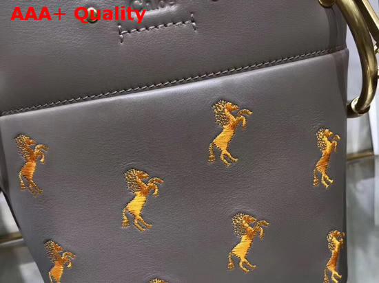 Chloe Mini Roy Bucket Bag in Motty Grey Smooth Calfskin with Little Horses Embroidery Replica