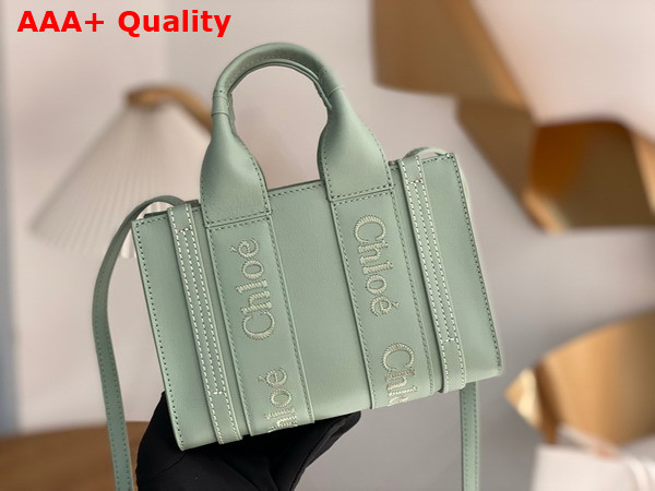 Chloe Mini Woody Tote Bag in Bay Green Smooth Calfskin with Chloe Logo Replica