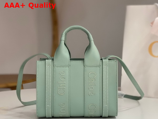 Chloe Mini Woody Tote Bag in Bay Green Smooth Calfskin with Chloe Logo Replica